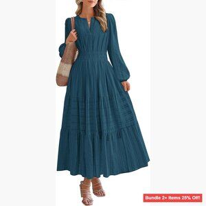 Long Sleeve Maxi Dress with Pockets, Elastic Waist, V-Neck, Loose Fit